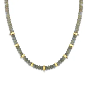 14k Gold & Labradorite Rondelle Bead Necklace with 5 Prong Diamonds