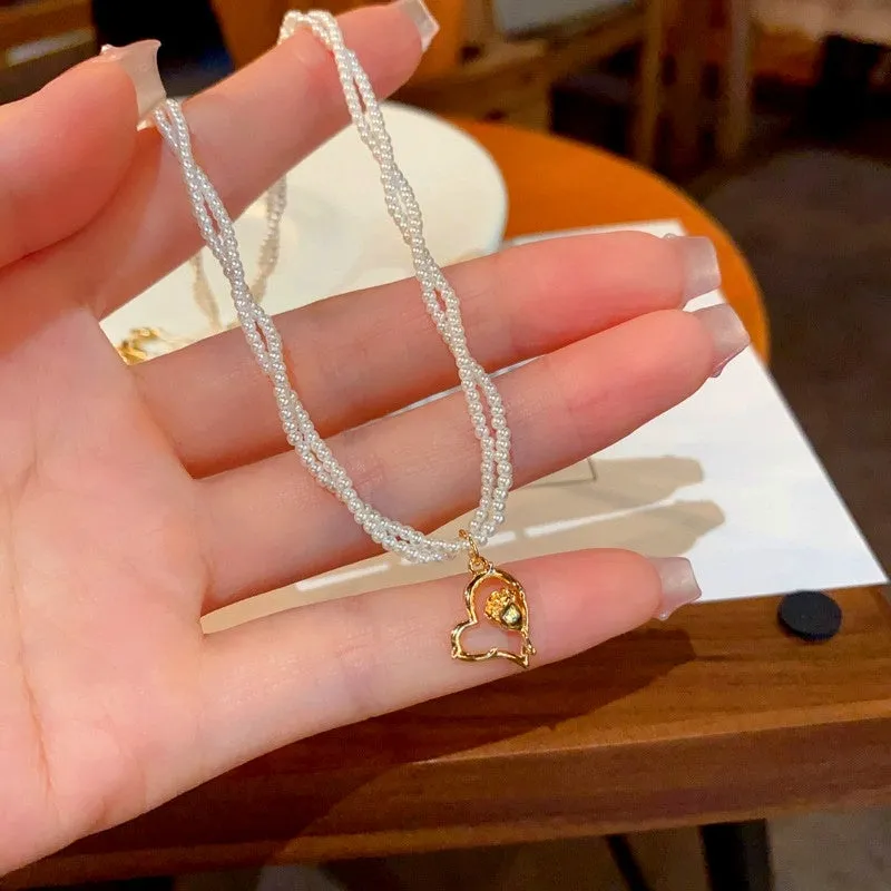 14K Gold-Plated Elegant Double-Layered Heart Pearl Necklaces