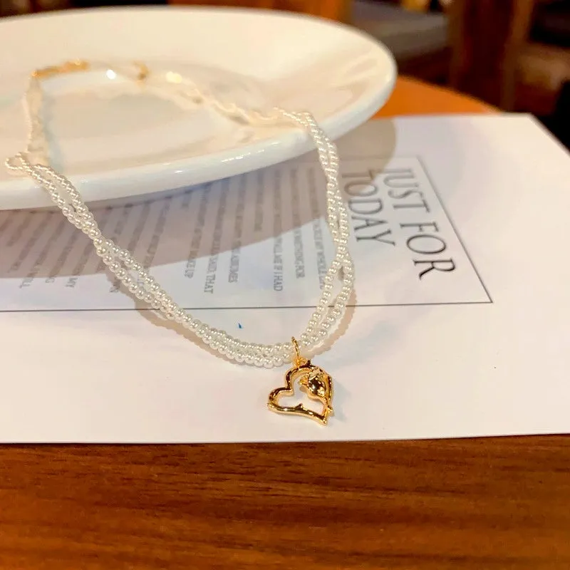 14K Gold-Plated Elegant Double-Layered Heart Pearl Necklaces