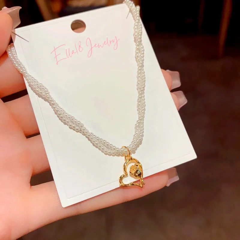 14K Gold-Plated Elegant Double-Layered Heart Pearl Necklaces