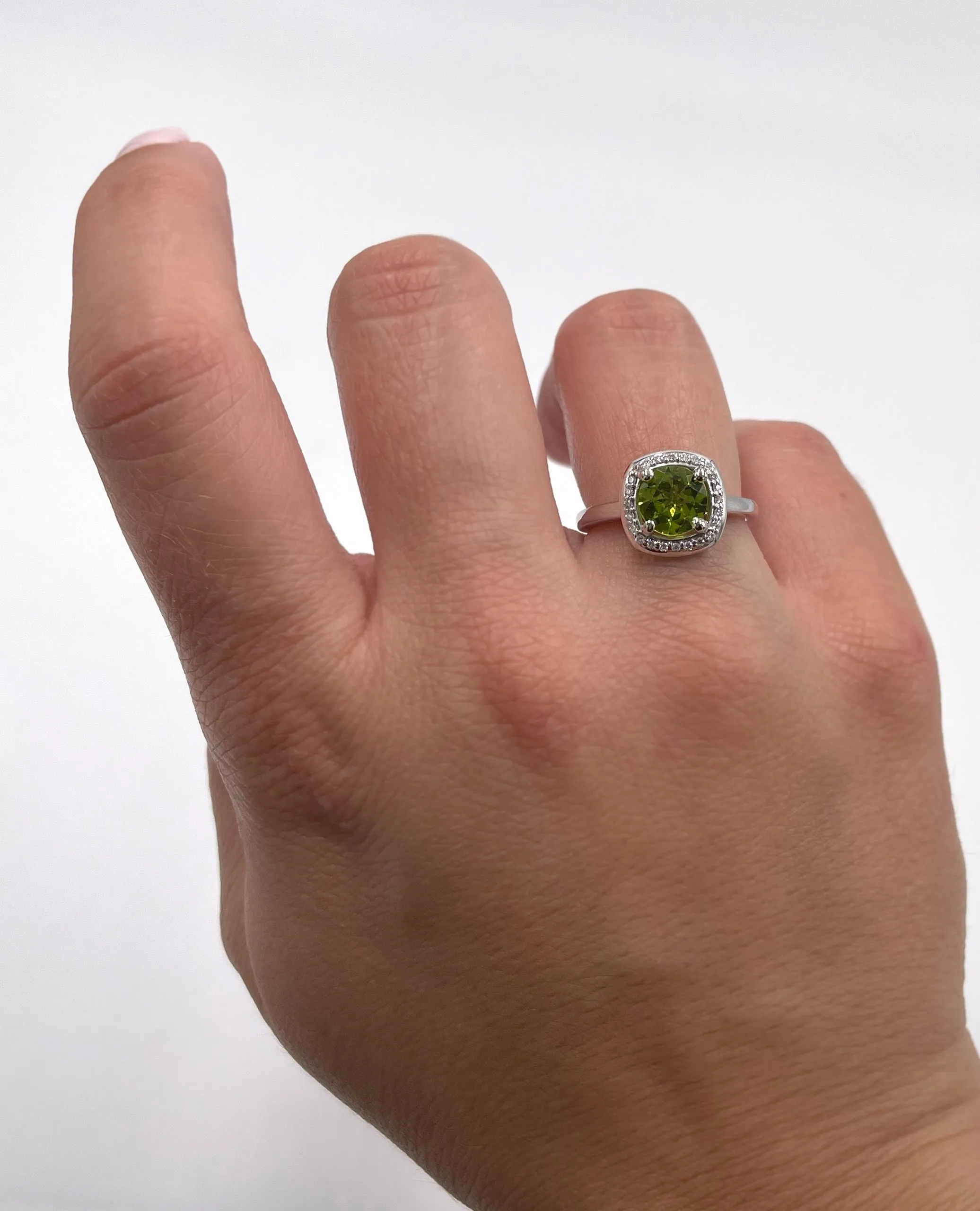 14K White Gold Peridot and Diamond Halo Ring
