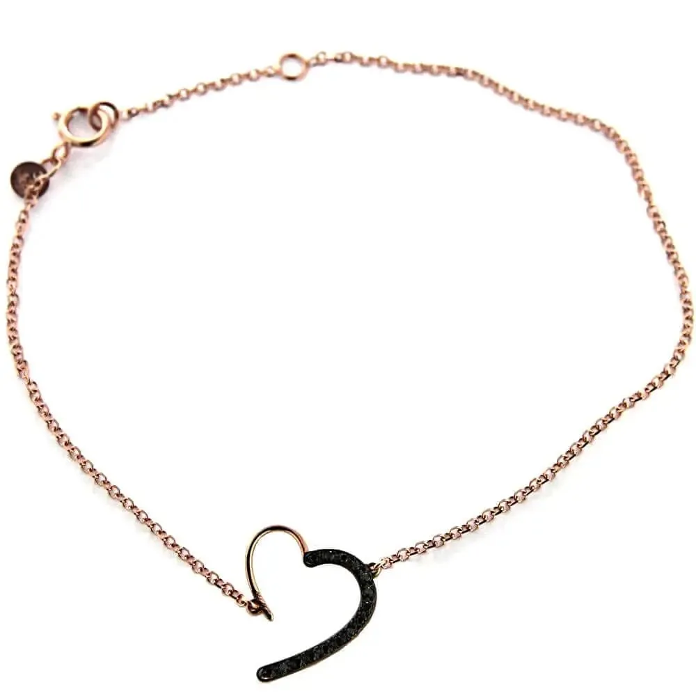 18K Solid Pink Gold Open Heart and Black Diamonds Bracelet