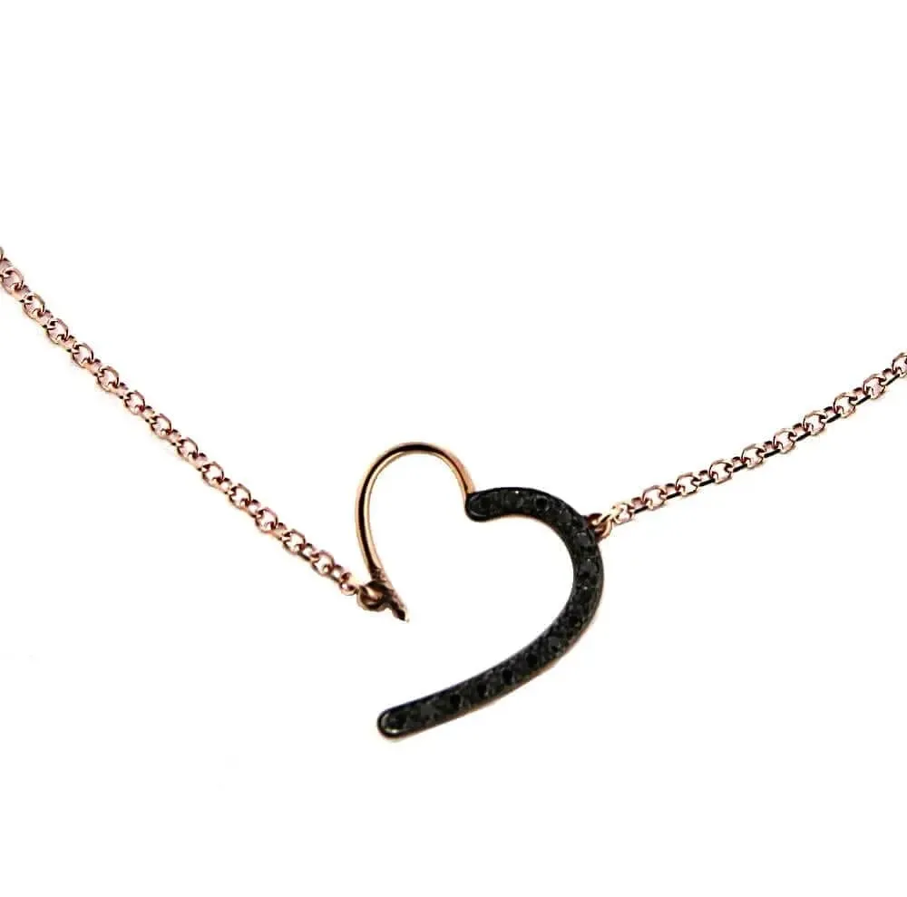18K Solid Pink Gold Open Heart and Black Diamonds Bracelet