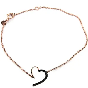 18K Solid Pink Gold Open Heart and Black Diamonds Bracelet