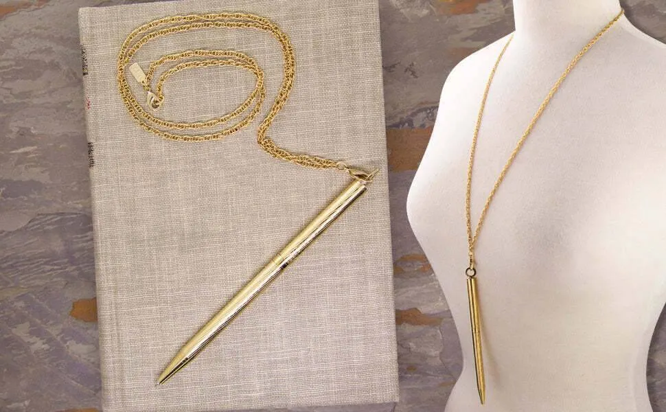 1928 Jewelry Vintage Style Textured Barrel Ball Point Pen Necklace 28"