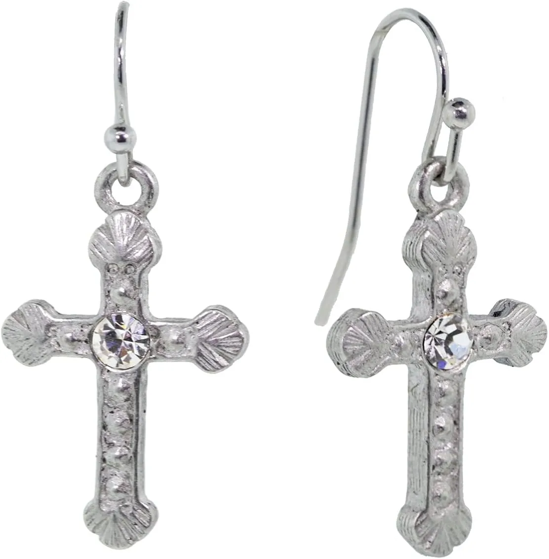 1928 Jewelry Women's Crystal Accent Ornate Silver Tone Cross Drop Earrings