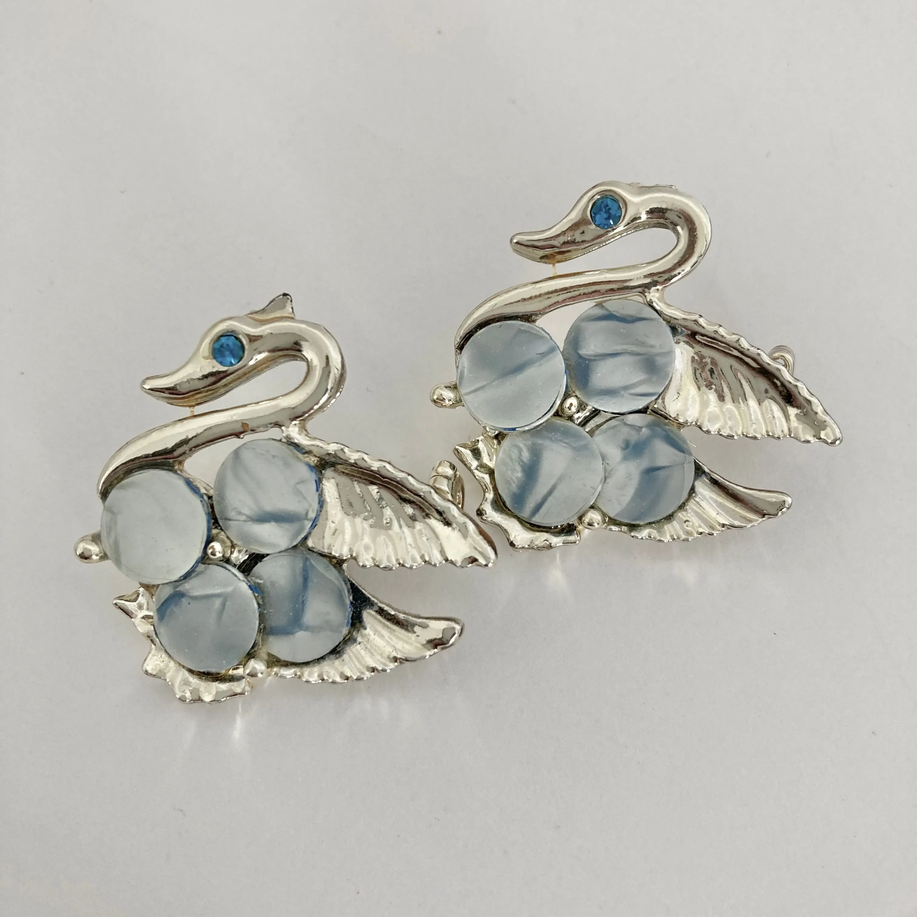 1950s Cracked Ice Lucite Swan Scatter Pins, Pair of Blue Swan Brooches