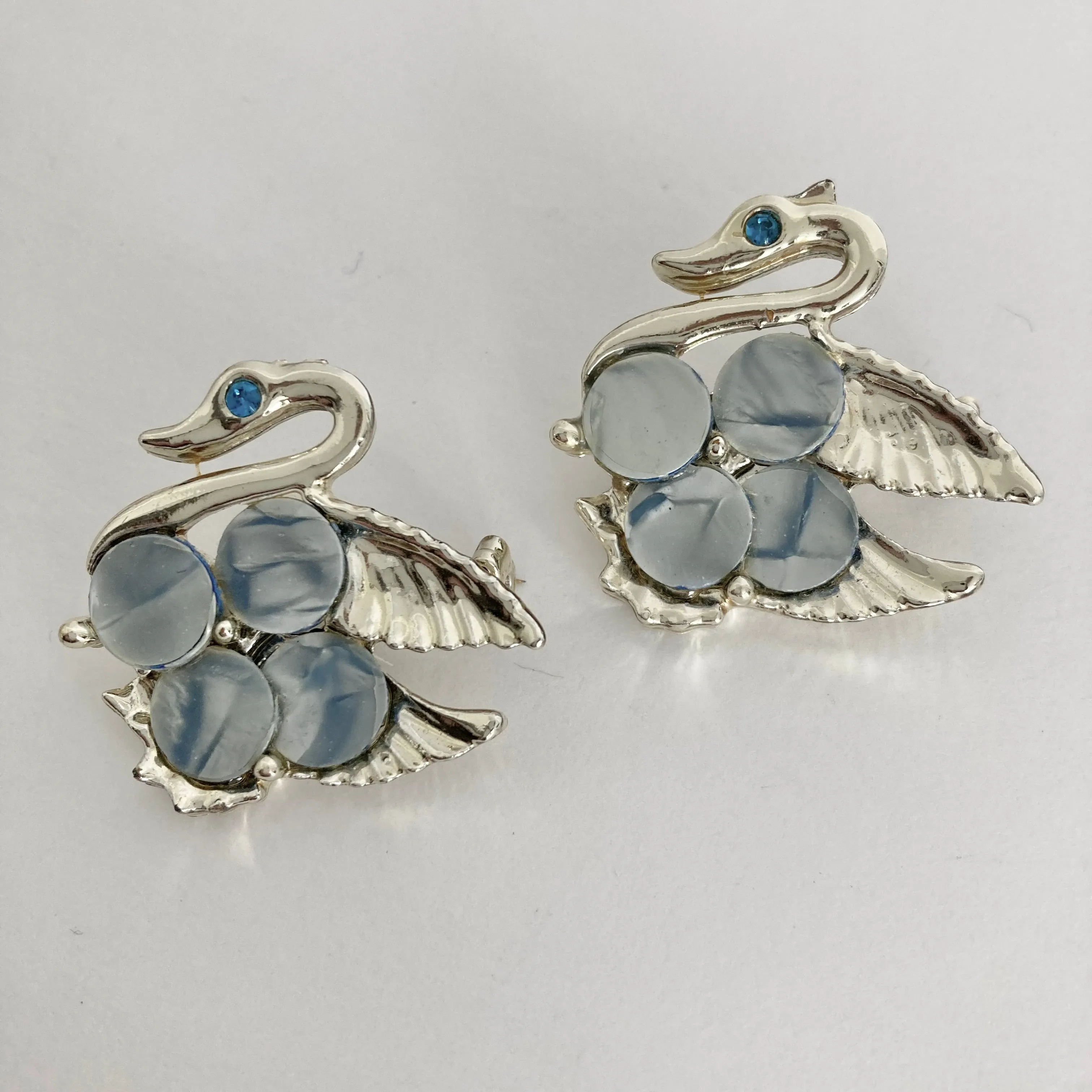 1950s Cracked Ice Lucite Swan Scatter Pins, Pair of Blue Swan Brooches