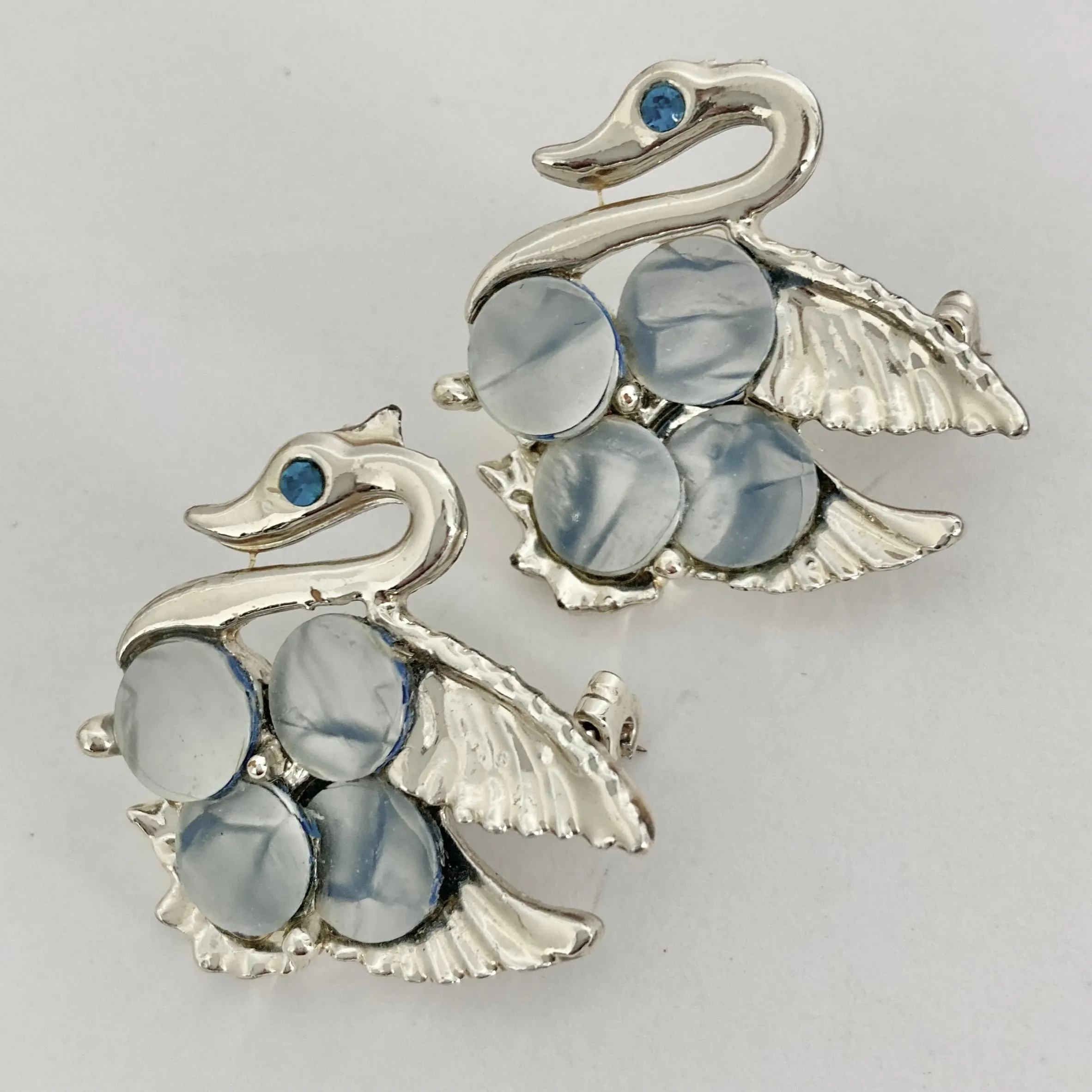 1950s Cracked Ice Lucite Swan Scatter Pins, Pair of Blue Swan Brooches