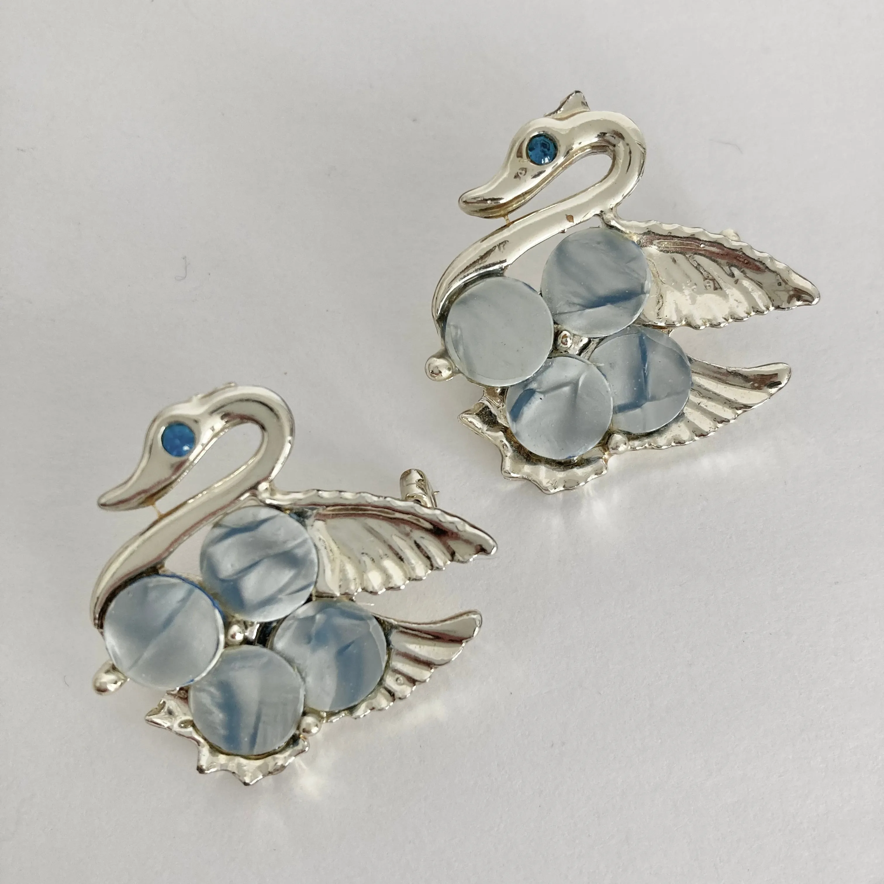 1950s Cracked Ice Lucite Swan Scatter Pins, Pair of Blue Swan Brooches
