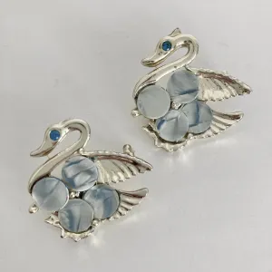 1950s Cracked Ice Lucite Swan Scatter Pins, Pair of Blue Swan Brooches