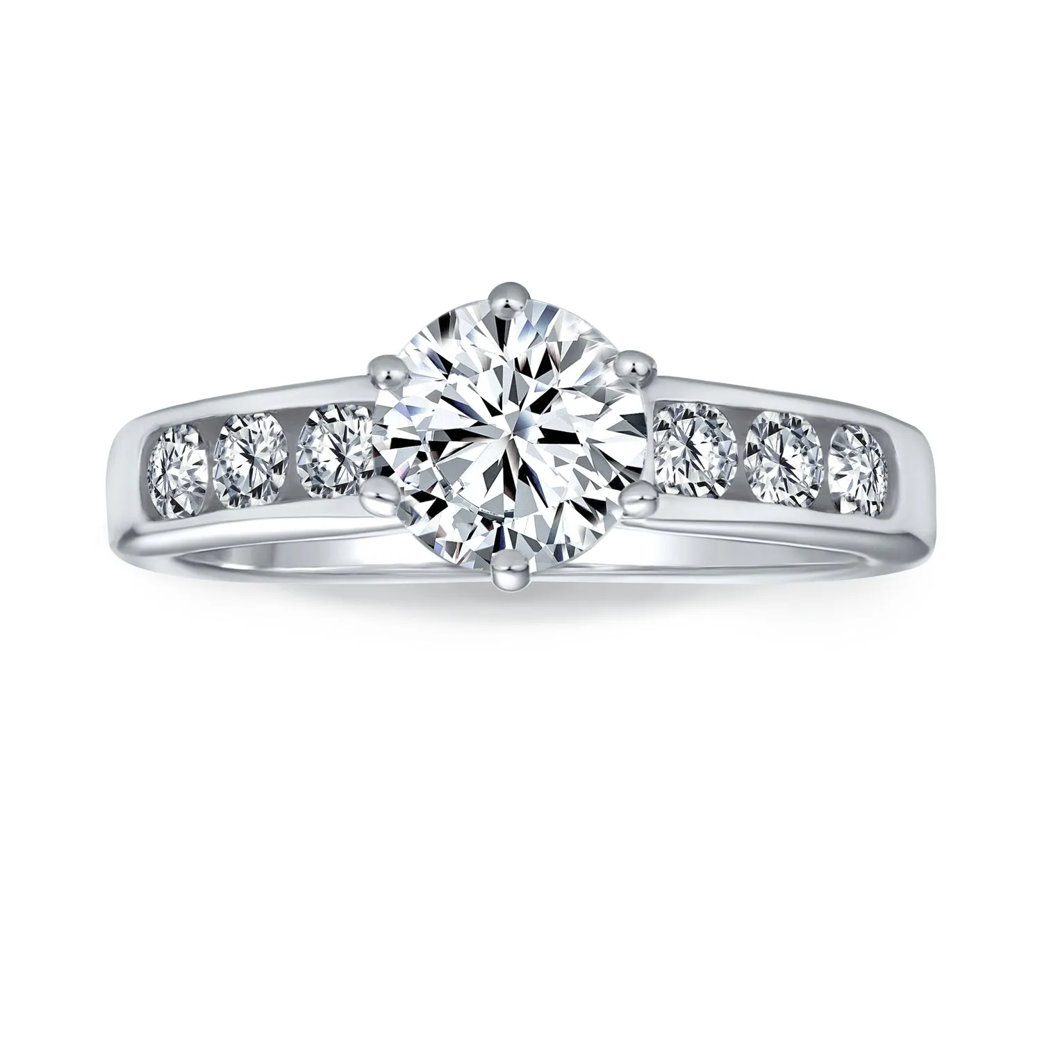 2CT AAA CZ Round Solitaire Engagement Ring with CZ Side Stones in Sterling Silver