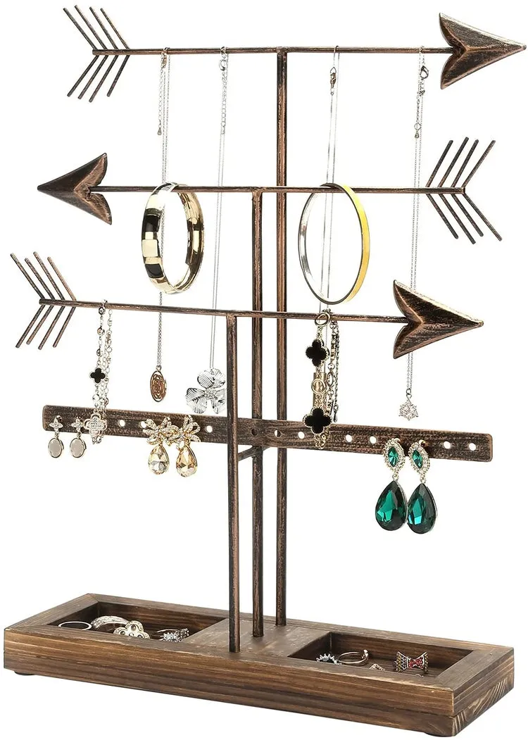 3 Tier Bronze Metal Arrows Design Jewelry Holder Rack, Earring and Necklace Tower with Burnt Wood Ring Dish Tray