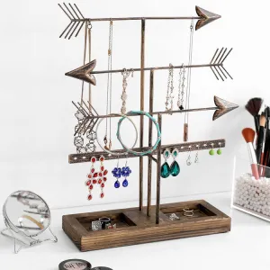 3 Tier Bronze Metal Arrows Design Jewelry Holder Rack, Earring and Necklace Tower with Burnt Wood Ring Dish Tray