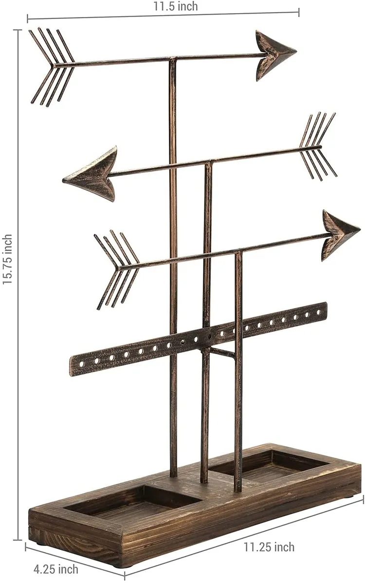 3 Tier Bronze Metal Arrows Design Jewelry Holder Rack, Earring and Necklace Tower with Burnt Wood Ring Dish Tray