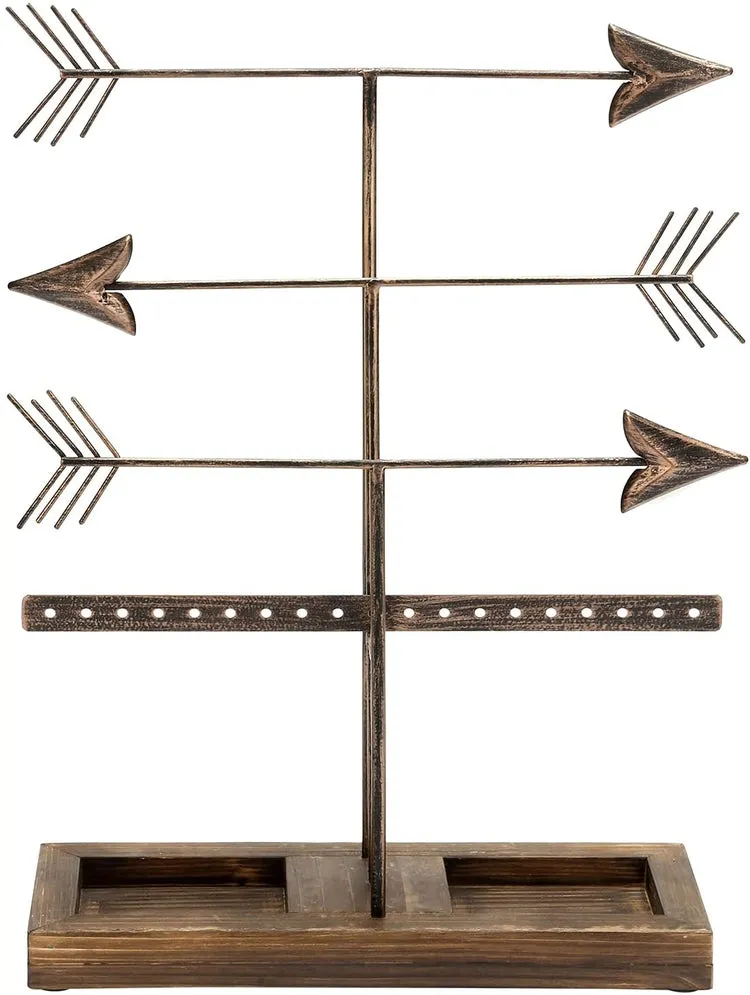 3 Tier Bronze Metal Arrows Design Jewelry Holder Rack, Earring and Necklace Tower with Burnt Wood Ring Dish Tray
