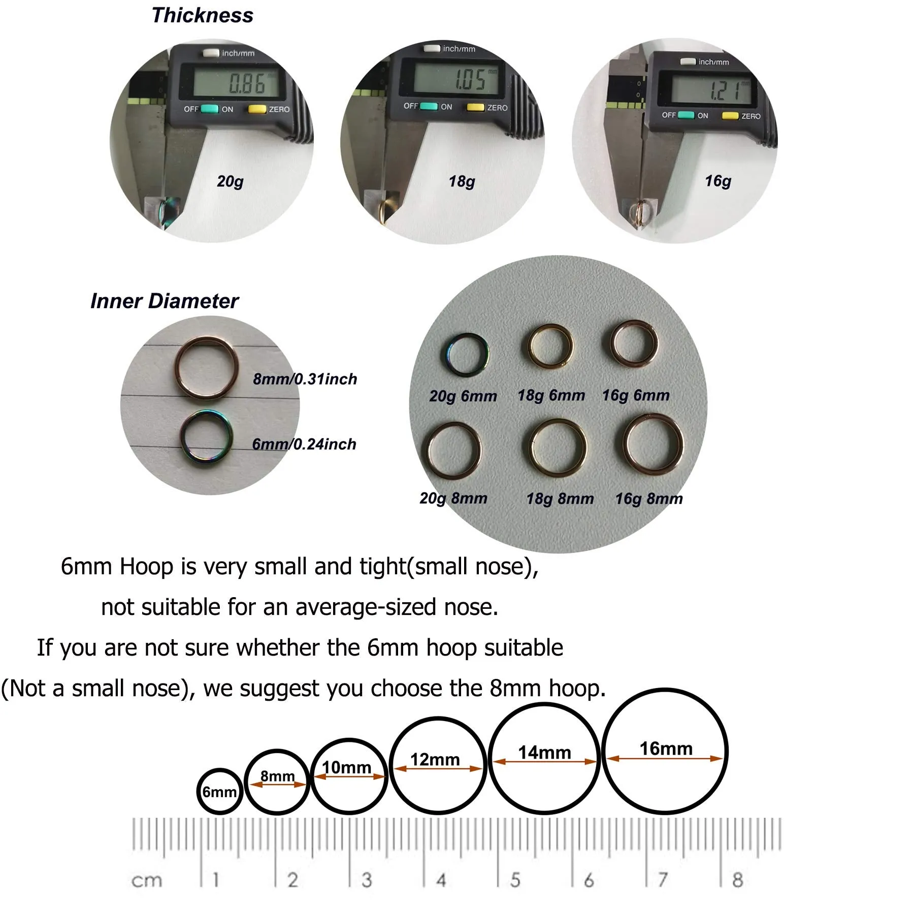 5 Pcs 20G 18G 16G Nose Rings Hoop Set 316L Surgical Steel Earrings Tragus Septum Piercing Cartilage Hoop For Women Men 16g 10mm 5pieces set