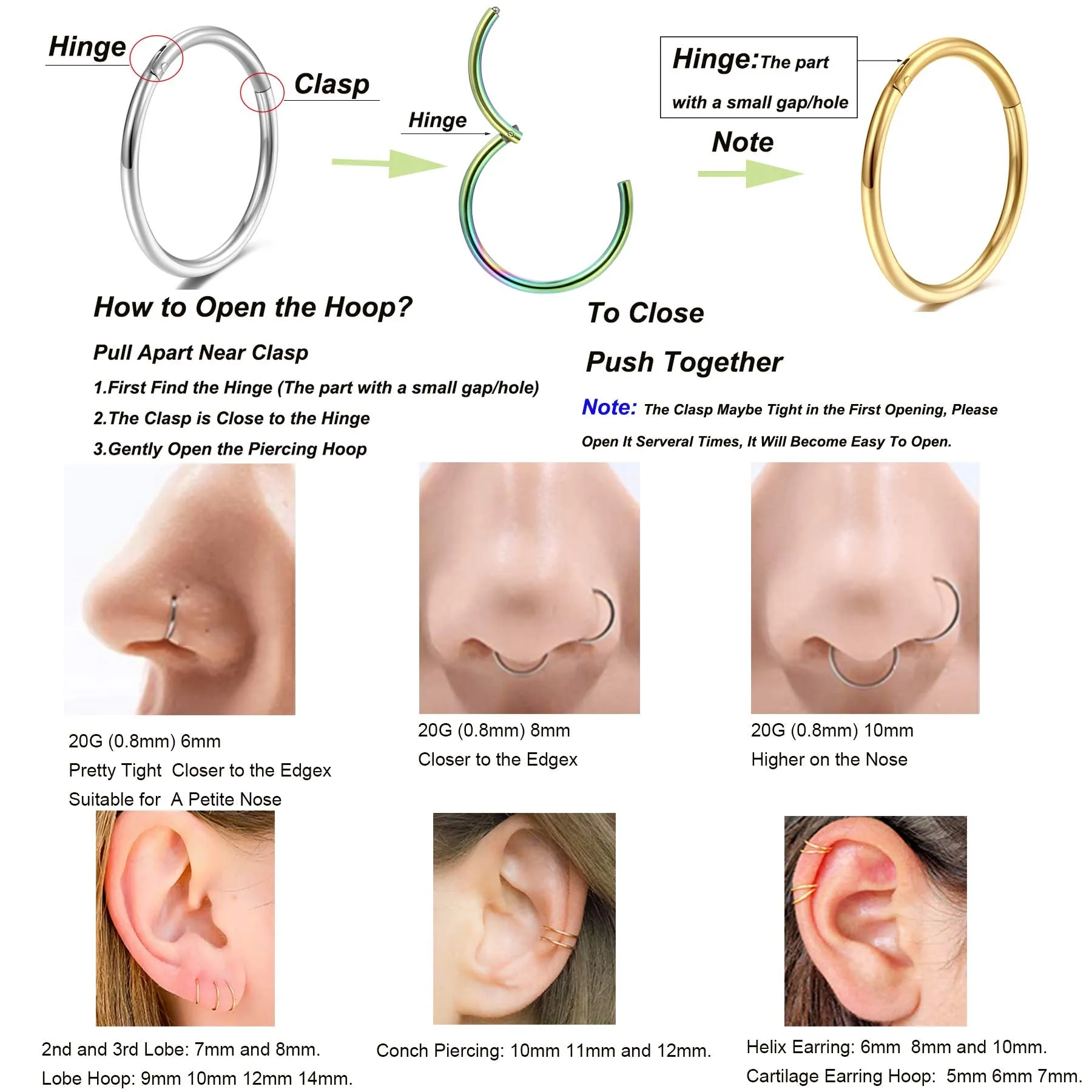 5 Pcs 20G 18G 16G Nose Rings Hoop Set 316L Surgical Steel Earrings Tragus Septum Piercing Cartilage Hoop For Women Men 16g 10mm 5pieces set