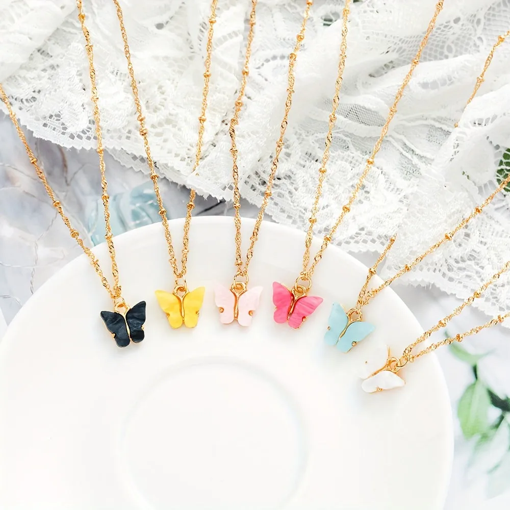 6pcs Colorful Butterfly Pendant Necklaces