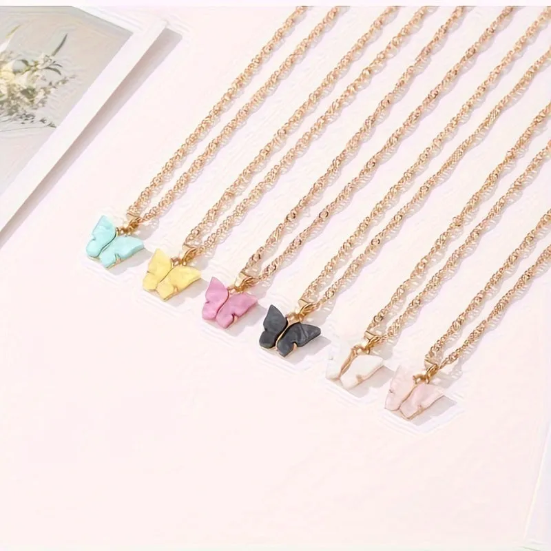6pcs Colorful Butterfly Pendant Necklaces