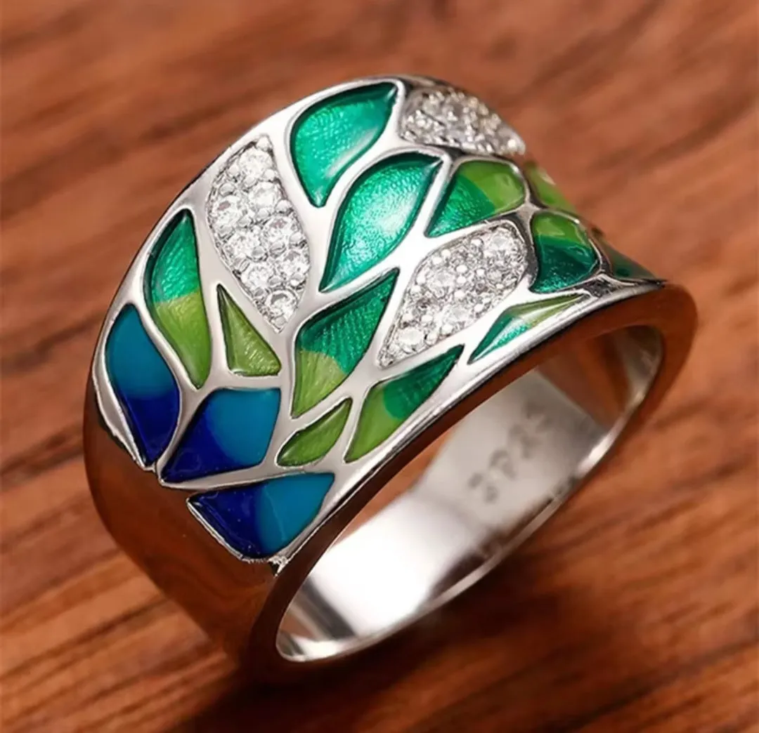 925 Sterling Silver Bohemia Drip Oil Leaf Rings.