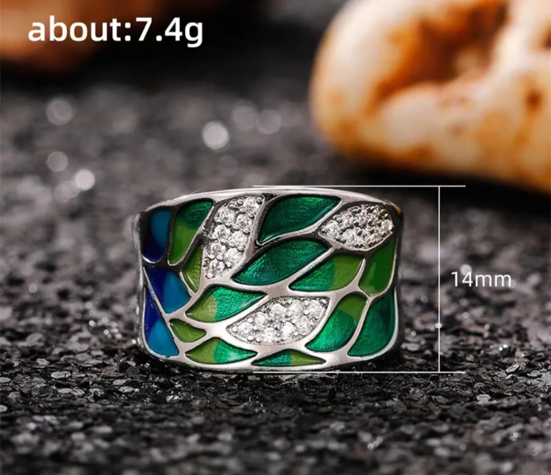 925 Sterling Silver Bohemia Drip Oil Leaf Rings.