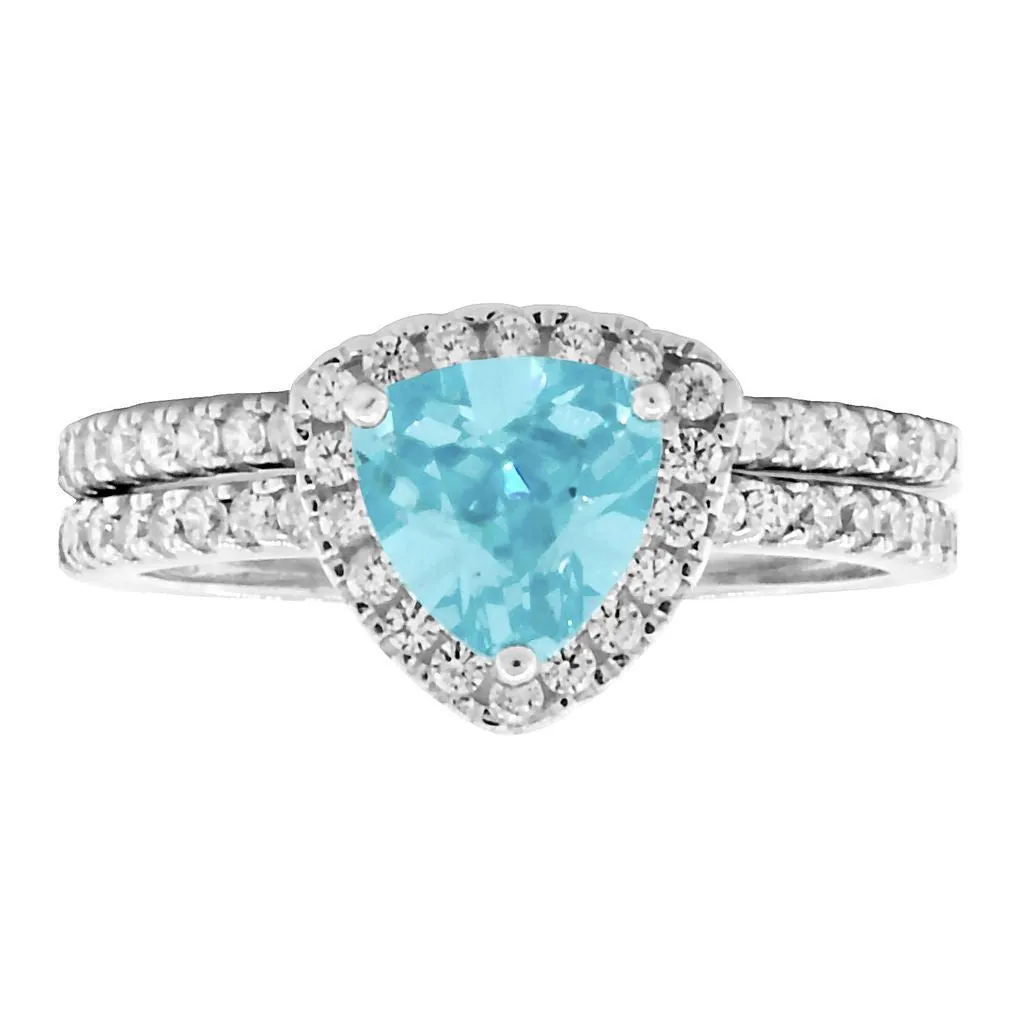 Acotas: 1.83ct Aquamarine Ice CZ Trillion Semi-eternity Wedding Set