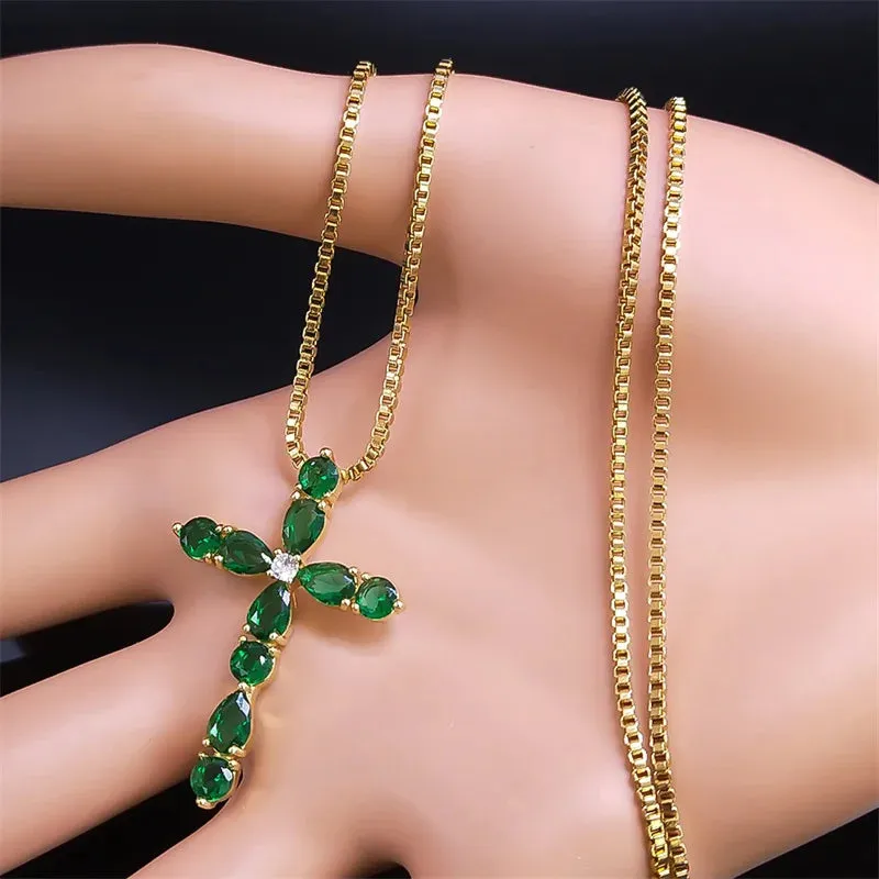 Aesthetic Cross Green Zircon Copper Pendant Necklace Gold Color