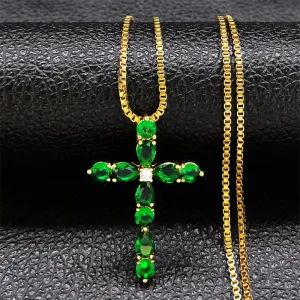 Aesthetic Cross Green Zircon Copper Pendant Necklace Gold Color