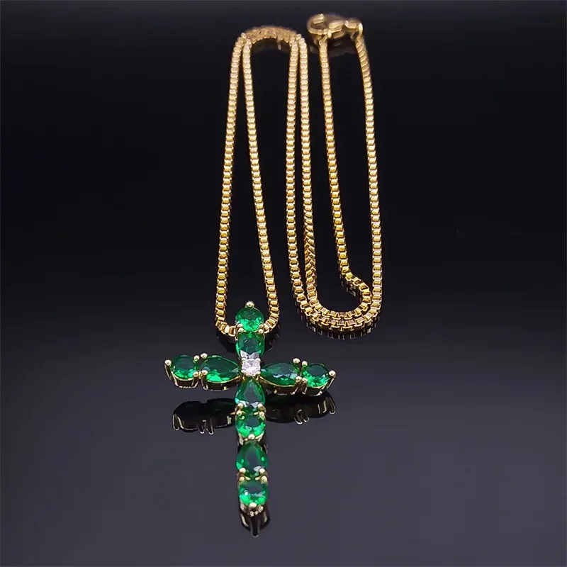 Aesthetic Cross Green Zircon Copper Pendant Necklace Gold Color