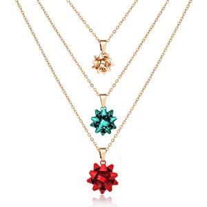 ALEXY 3PCS Christmas Necklaces X-Mas Gift Bow Pendant Necklaces Set Delicate Layered Chain Necklaces Party Gift for Women Girls Multicolor
