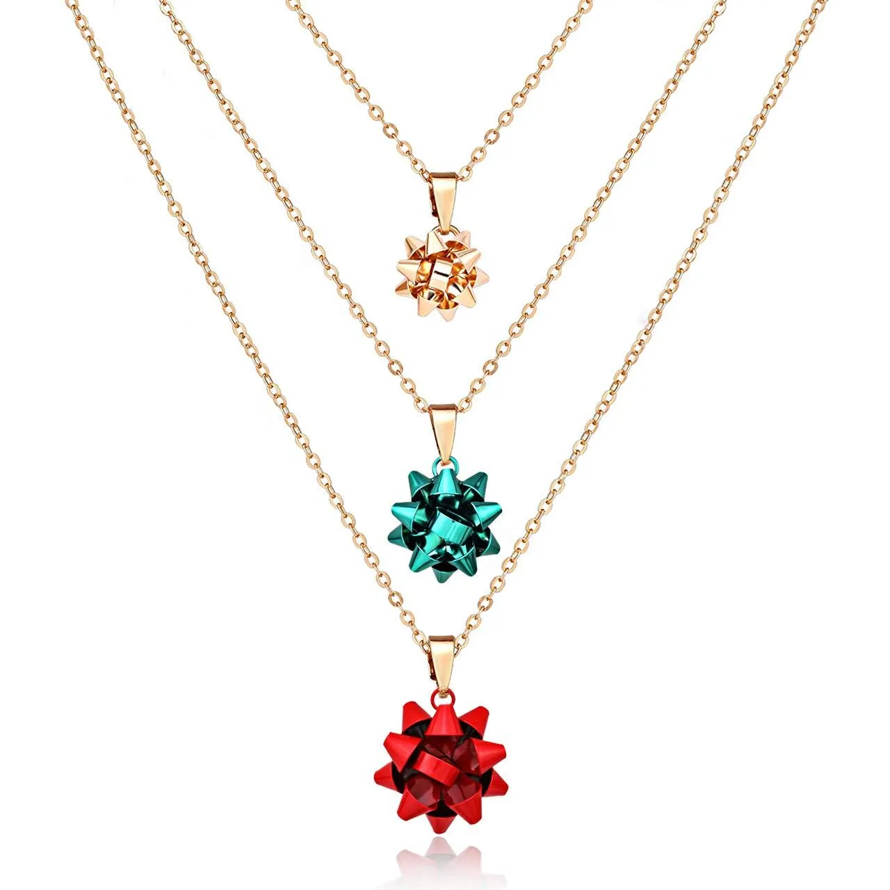 ALEXY 3PCS Christmas Necklaces X-Mas Gift Bow Pendant Necklaces Set Delicate Layered Chain Necklaces Party Gift for Women Girls Multicolor