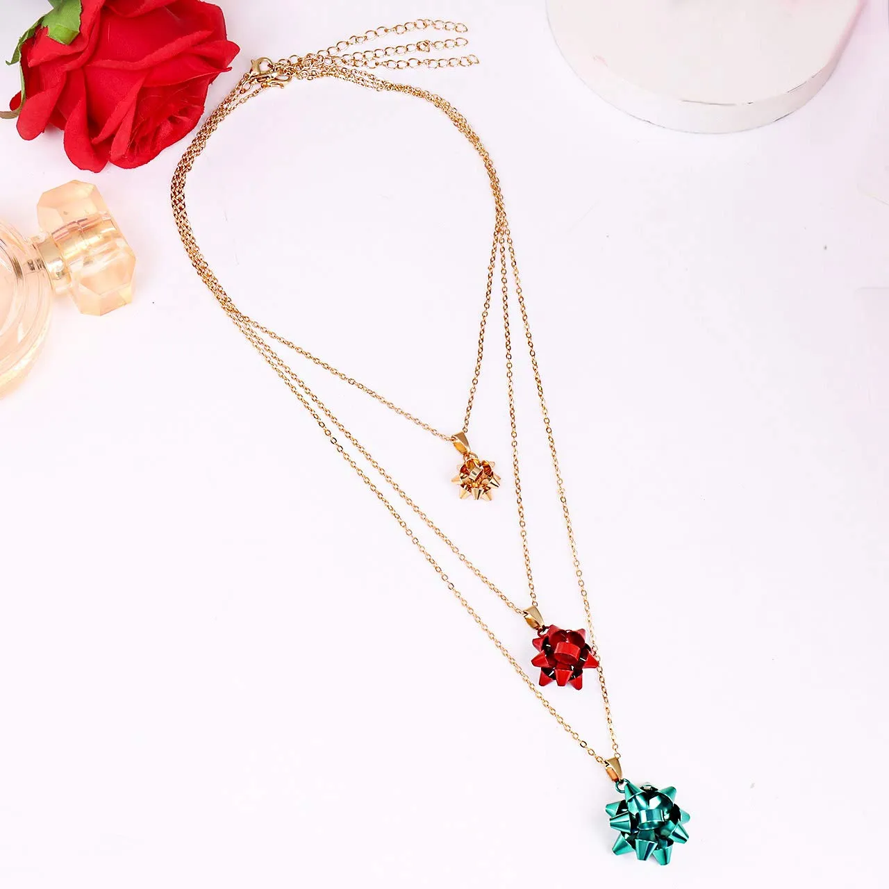 ALEXY 3PCS Christmas Necklaces X-Mas Gift Bow Pendant Necklaces Set Delicate Layered Chain Necklaces Party Gift for Women Girls Multicolor