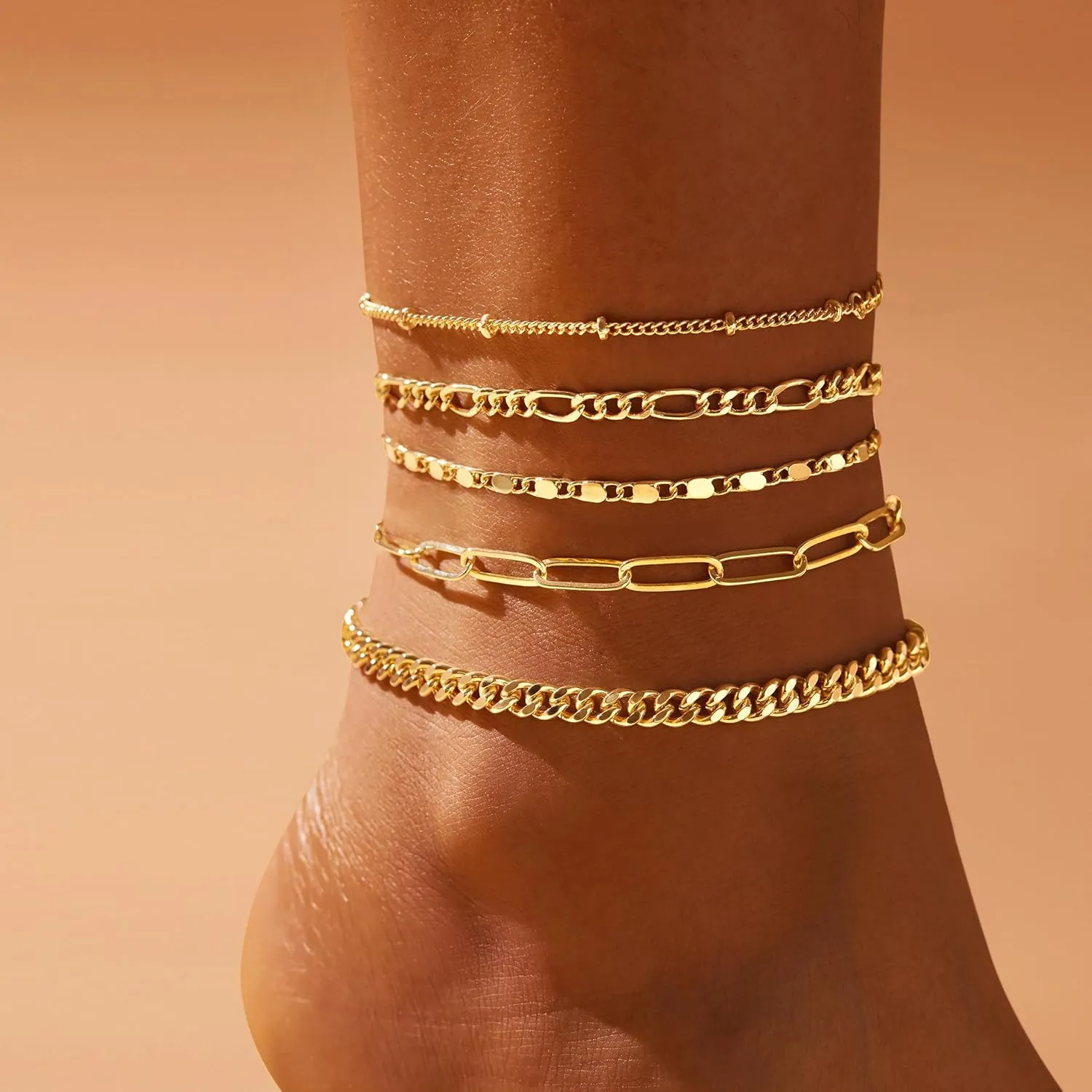Ankle Bracelets for Women, 14k Gold Jewelry Set Waterproof Layered Cuban Figaro Link Chain Anklets Set Gold Anklets Summer Boho Beach Jewelry Gift Adjustable Size