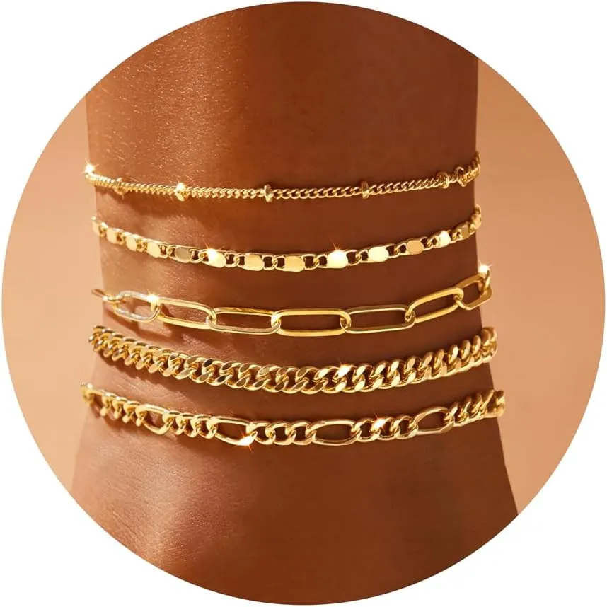Ankle Bracelets for Women, 14k Gold Jewelry Set Waterproof Layered Cuban Figaro Link Chain Anklets Set Gold Anklets Summer Boho Beach Jewelry Gift Adjustable Size