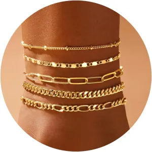 Ankle Bracelets for Women, 14k Gold Jewelry Set Waterproof Layered Cuban Figaro Link Chain Anklets Set Gold Anklets Summer Boho Beach Jewelry Gift Adjustable Size