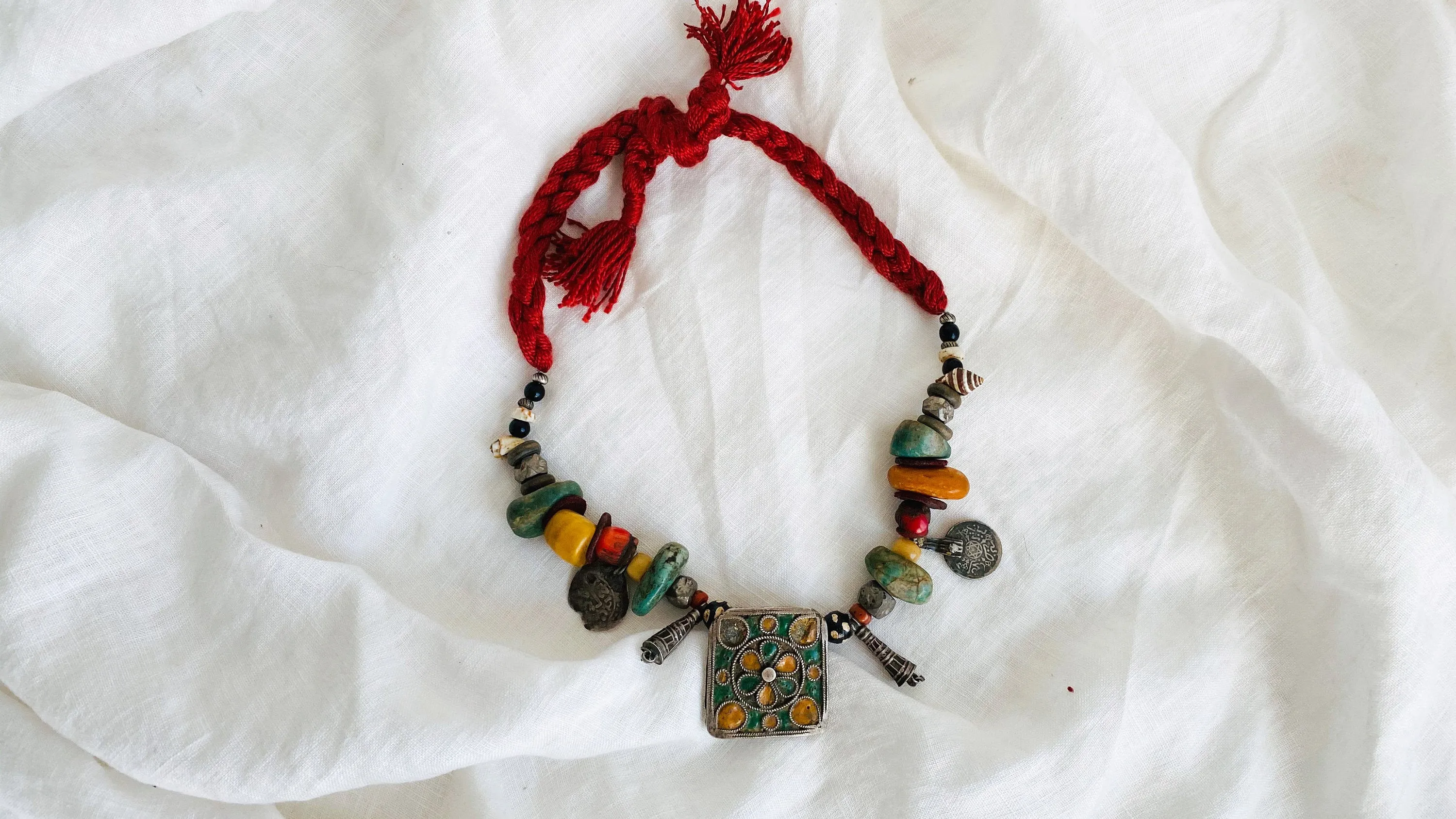 Antique Berber Silver Amulet, Amber, Coral, Amazonite Necklace. Tazelagt. Hertz