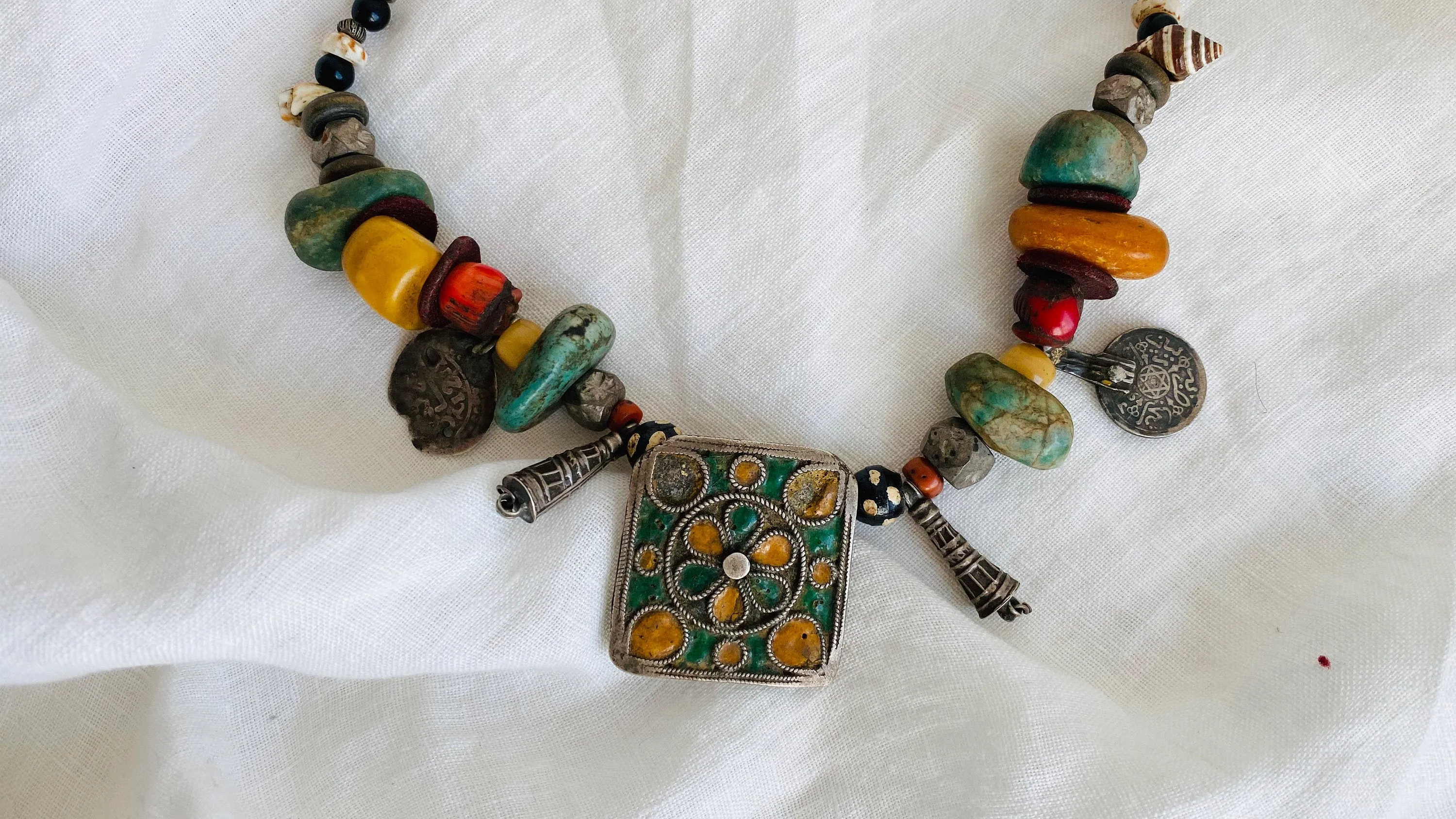 Antique Berber Silver Amulet, Amber, Coral, Amazonite Necklace. Tazelagt. Hertz