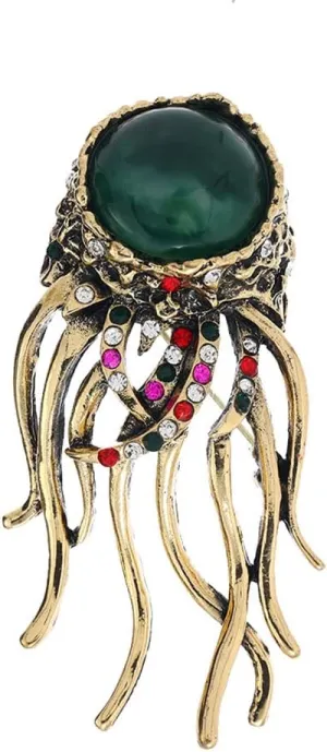 Antique Crystal Jellyfish Brooch Pin for Women Men Gold Plated Vintage Green Ocean Style Brooches Lapel Pin Creative Hat Bag Suit Costume Accessories Jewelry Father Friend