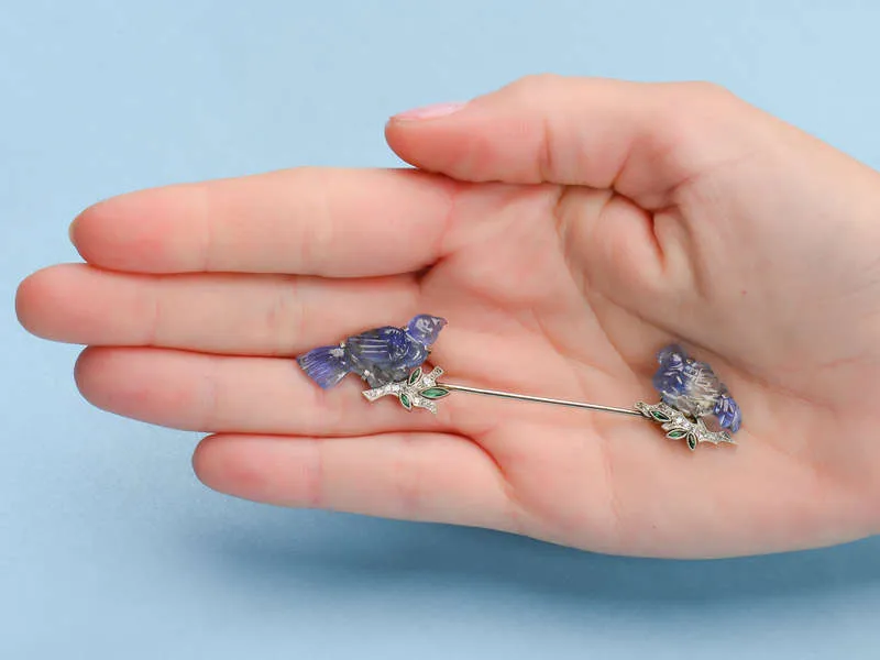 Art Deco Carved Sapphire Bird Motif Jabot Brooch