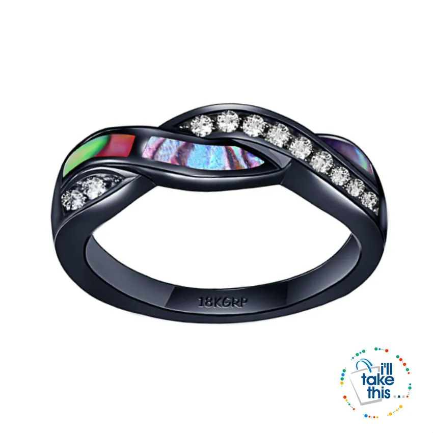 Black Gold-Filled Rainbow RING, Romantic Colorful Shell Rainbow Cubic Zirconia Cross Ring -9 sizes