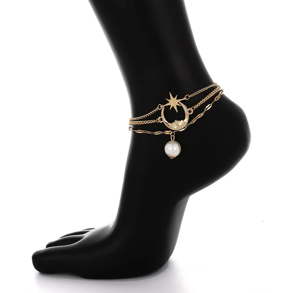 Bls-miracle Simple Moon Star Multi-layer Anklet For Women