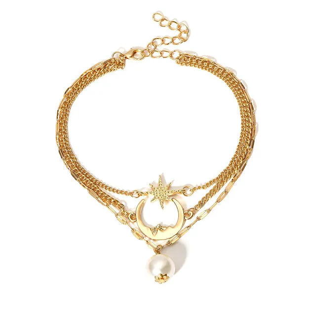 Bls-miracle Simple Moon Star Multi-layer Anklet For Women