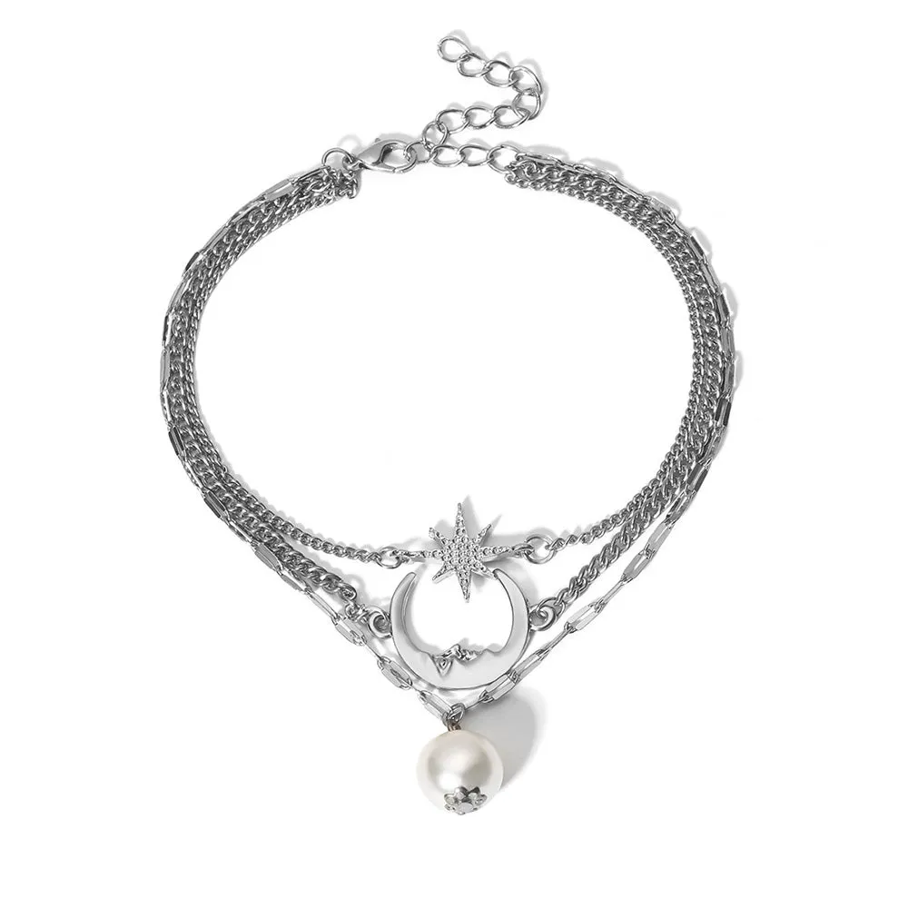 Bls-miracle Simple Moon Star Multi-layer Anklet For Women