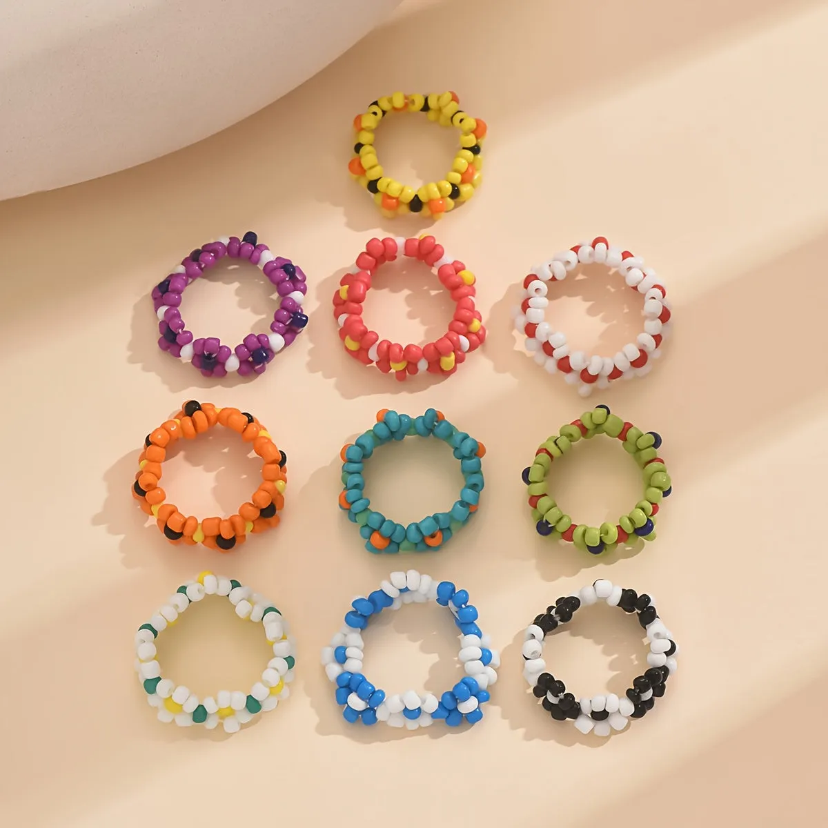 Boho Daisy Beaded Ring Set - 10-Pack Colorful Flower Rings
