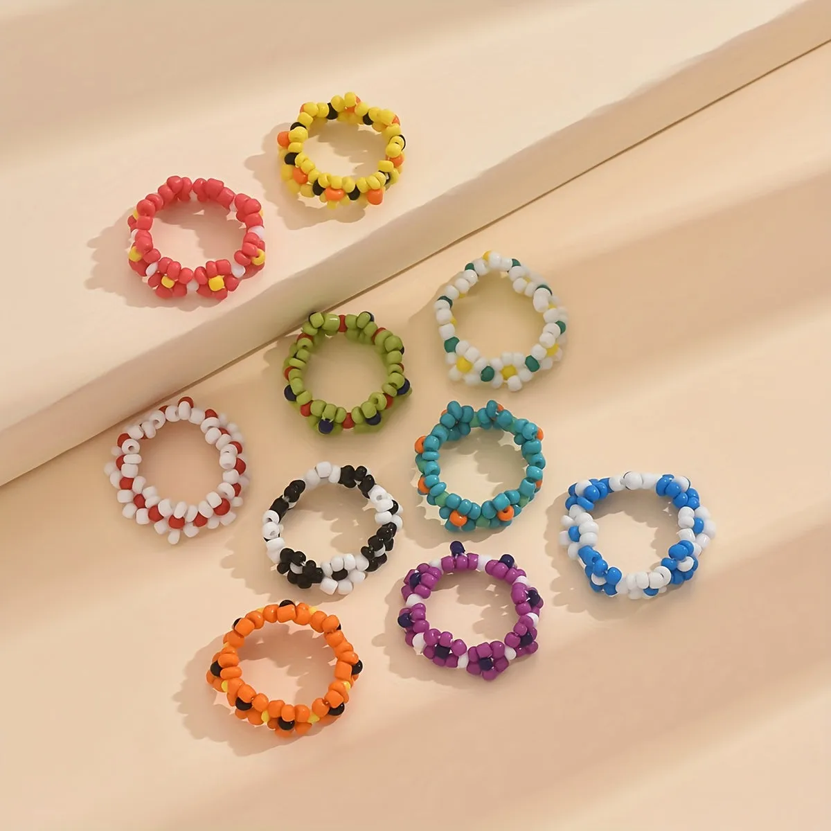 Boho Daisy Beaded Ring Set - 10-Pack Colorful Flower Rings