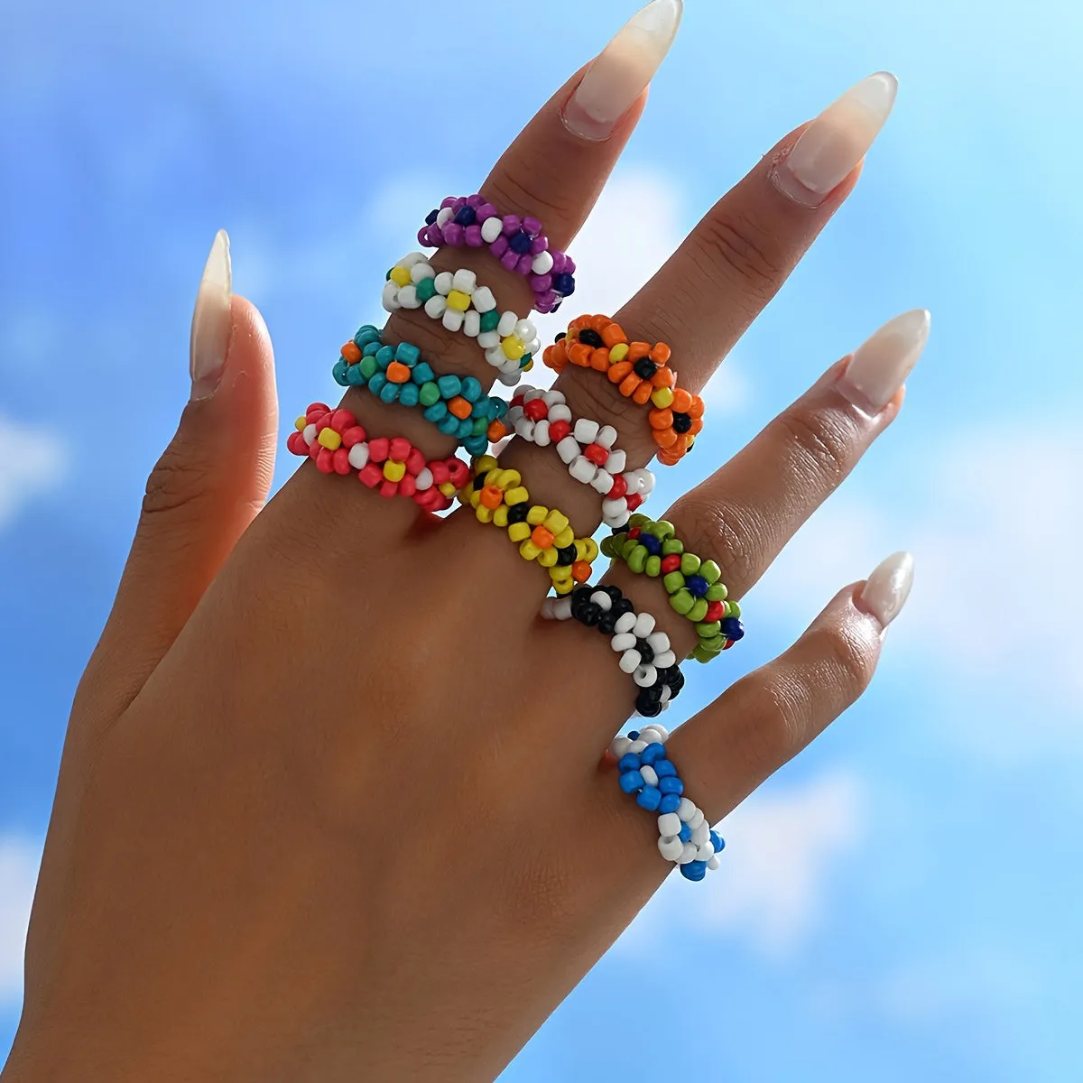 Boho Daisy Beaded Ring Set - 10-Pack Colorful Flower Rings
