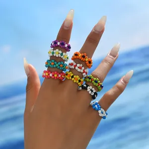 Boho Daisy Beaded Ring Set - 10-Pack Colorful Flower Rings