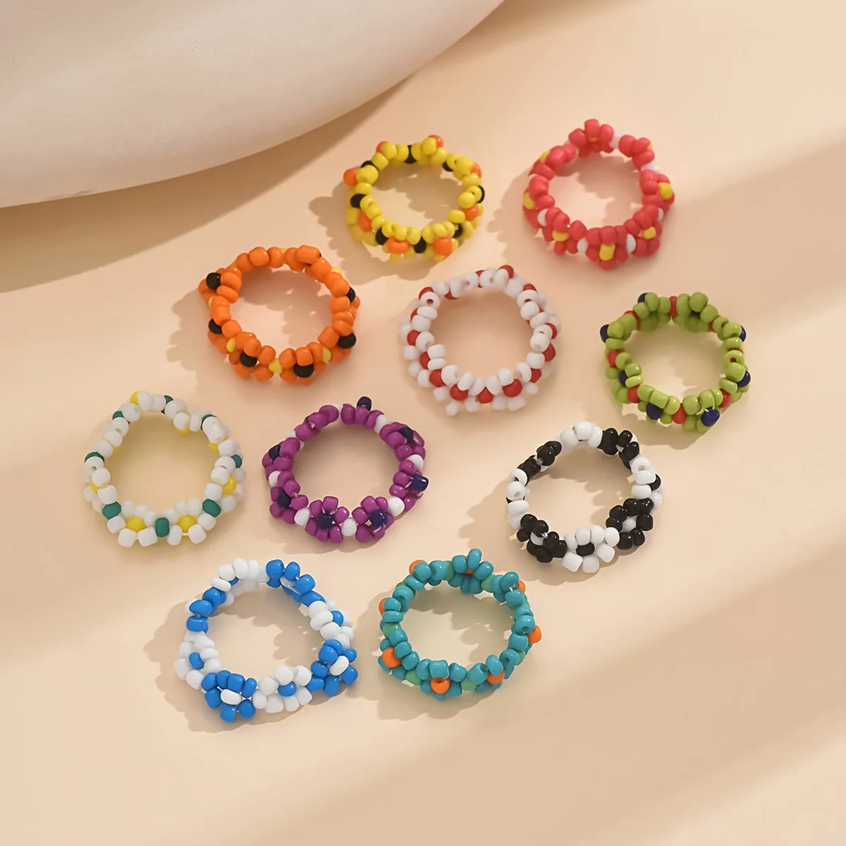 Boho Daisy Beaded Ring Set - 10-Pack Colorful Flower Rings