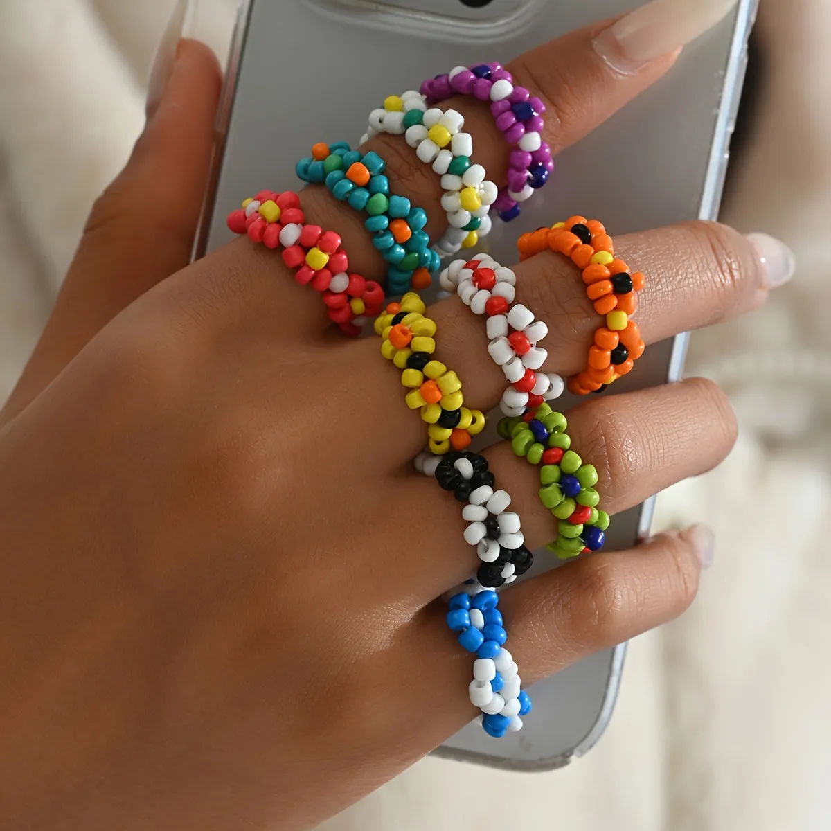 Boho Daisy Beaded Ring Set - 10-Pack Colorful Flower Rings